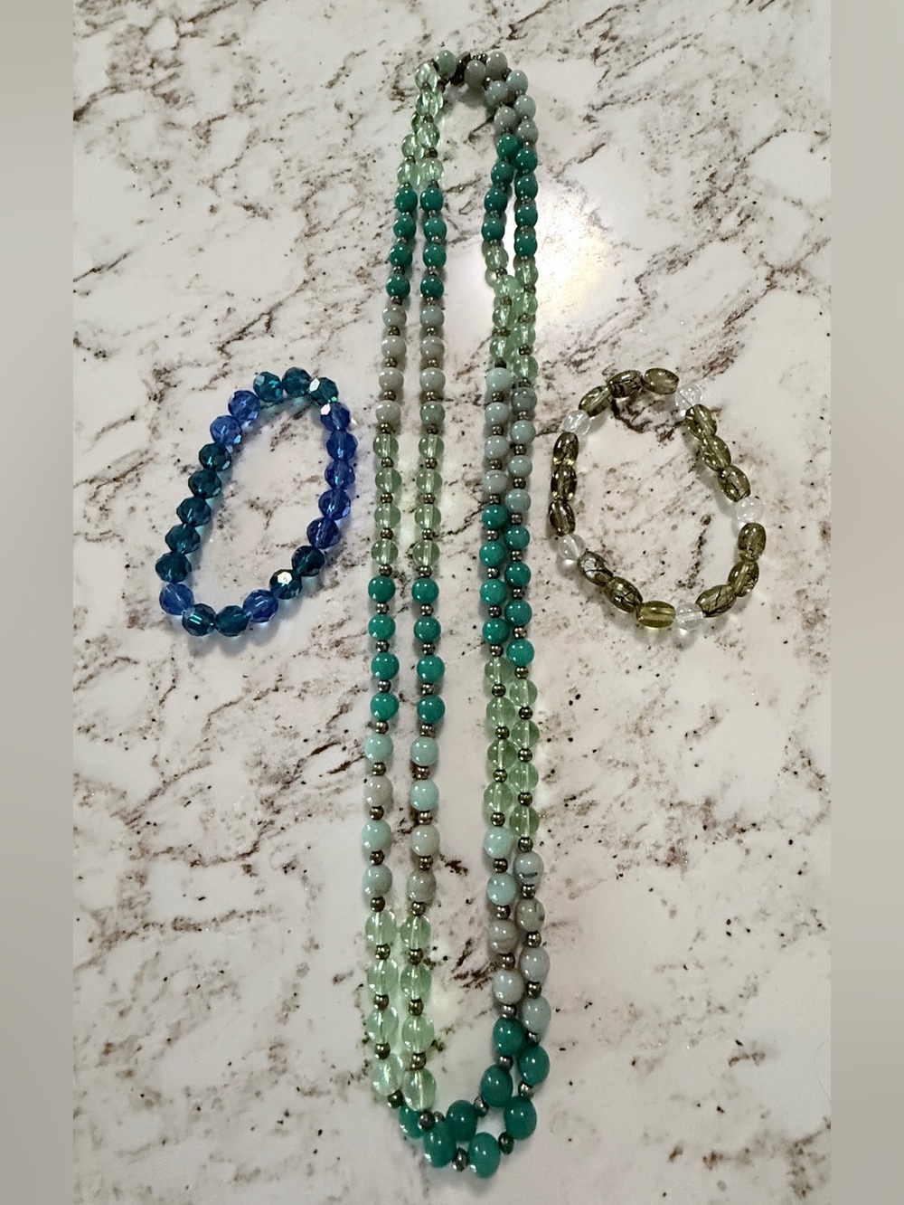 3pc Boho Beaded Jewelry Set • Long Gradient Green Necklace & Blue/Gold Bracelets